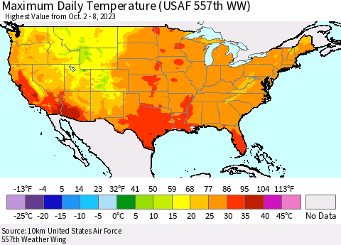 United States Maximum Daily Temperature (USAF 557th WW) Thematic Map For 10/2/2023 - 10/8/2023