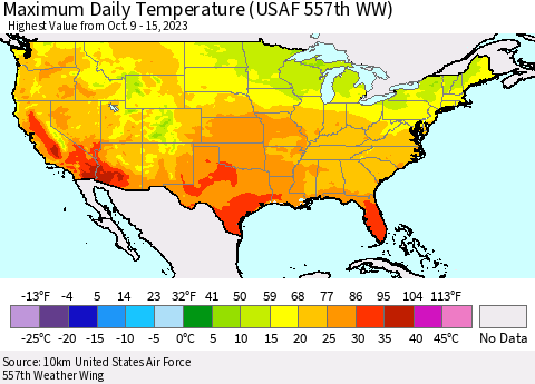 United States Maximum Daily Temperature (USAF 557th WW) Thematic Map For 10/9/2023 - 10/15/2023
