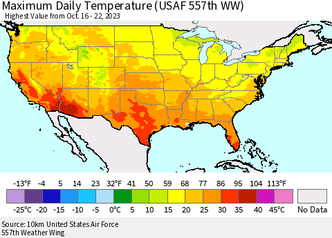 United States Maximum Daily Temperature (USAF 557th WW) Thematic Map For 10/16/2023 - 10/22/2023