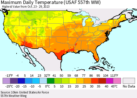 United States Maximum Daily Temperature (USAF 557th WW) Thematic Map For 10/23/2023 - 10/29/2023