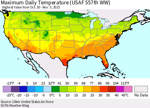 United States Maximum Daily Temperature (USAF 557th WW) Thematic Map For 10/30/2023 - 11/5/2023