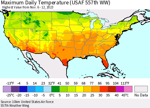 United States Maximum Daily Temperature (USAF 557th WW) Thematic Map For 11/6/2023 - 11/12/2023