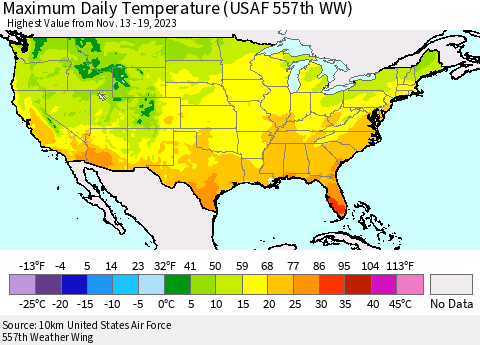 United States Maximum Daily Temperature (USAF 557th WW) Thematic Map For 11/13/2023 - 11/19/2023