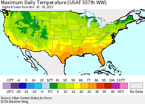 United States Maximum Daily Temperature (USAF 557th WW) Thematic Map For 11/20/2023 - 11/26/2023