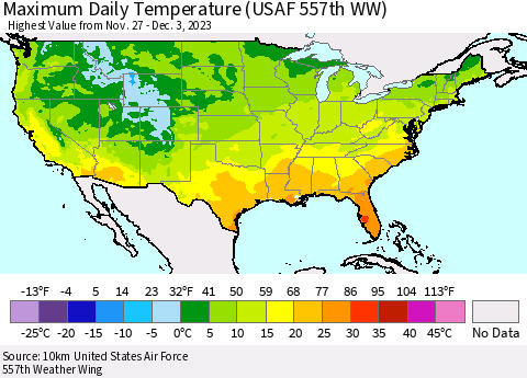 United States Maximum Daily Temperature (USAF 557th WW) Thematic Map For 11/27/2023 - 12/3/2023