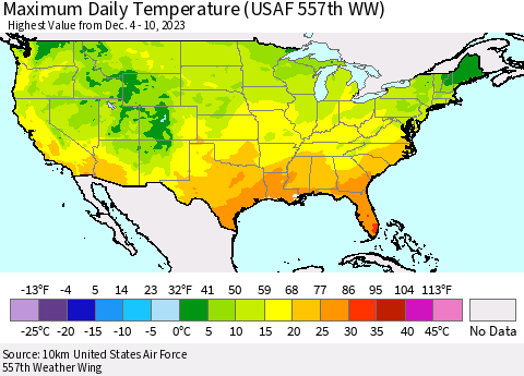 United States Maximum Daily Temperature (USAF 557th WW) Thematic Map For 12/4/2023 - 12/10/2023