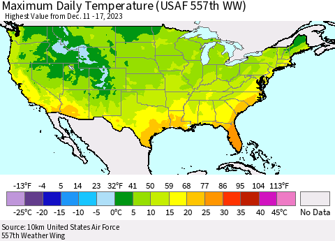 United States Maximum Daily Temperature (USAF 557th WW) Thematic Map For 12/11/2023 - 12/17/2023