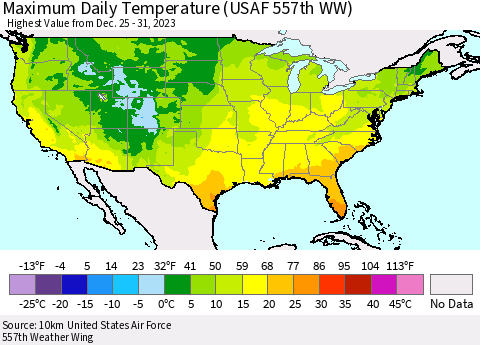 United States Maximum Daily Temperature (USAF 557th WW) Thematic Map For 12/25/2023 - 12/31/2023