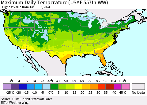 United States Maximum Daily Temperature (USAF 557th WW) Thematic Map For 1/1/2024 - 1/7/2024