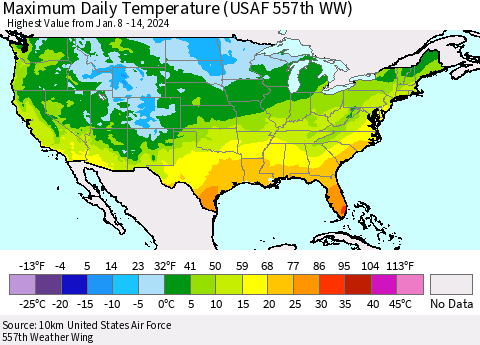 United States Maximum Daily Temperature (USAF 557th WW) Thematic Map For 1/8/2024 - 1/14/2024