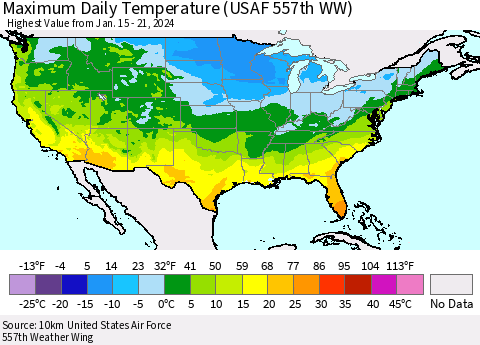 United States Maximum Daily Temperature (USAF 557th WW) Thematic Map For 1/15/2024 - 1/21/2024