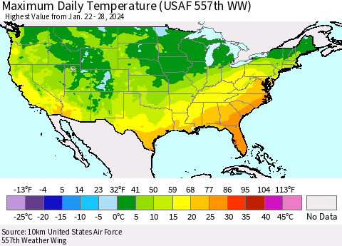 United States Maximum Daily Temperature (USAF 557th WW) Thematic Map For 1/22/2024 - 1/28/2024