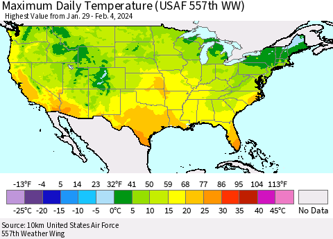 United States Maximum Daily Temperature (USAF 557th WW) Thematic Map For 1/29/2024 - 2/4/2024
