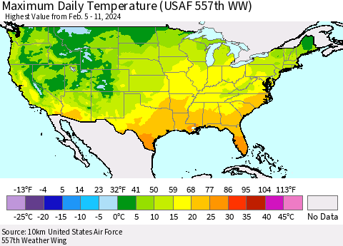 United States Maximum Daily Temperature (USAF 557th WW) Thematic Map For 2/5/2024 - 2/11/2024
