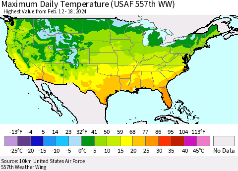 United States Maximum Daily Temperature (USAF 557th WW) Thematic Map For 2/12/2024 - 2/18/2024