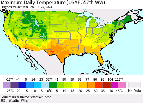 United States Maximum Daily Temperature (USAF 557th WW) Thematic Map For 2/19/2024 - 2/25/2024