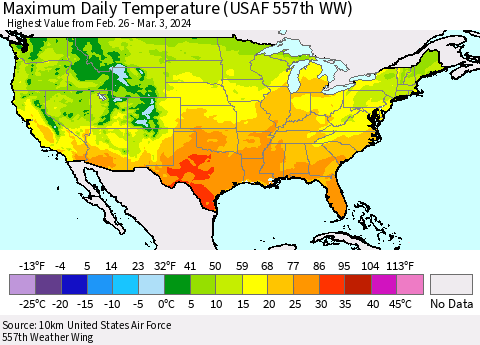United States Maximum Daily Temperature (USAF 557th WW) Thematic Map For 2/26/2024 - 3/3/2024