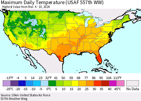 United States Maximum Daily Temperature (USAF 557th WW) Thematic Map For 3/4/2024 - 3/10/2024