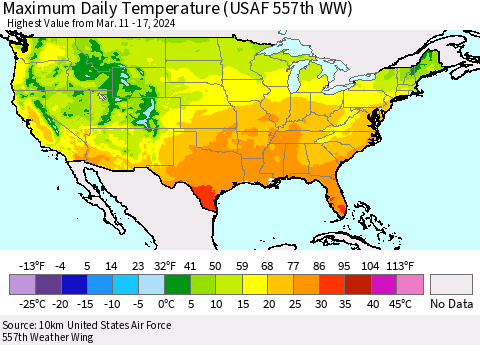 United States Maximum Daily Temperature (USAF 557th WW) Thematic Map For 3/11/2024 - 3/17/2024