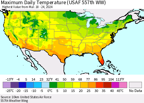 United States Maximum Daily Temperature (USAF 557th WW) Thematic Map For 3/18/2024 - 3/24/2024