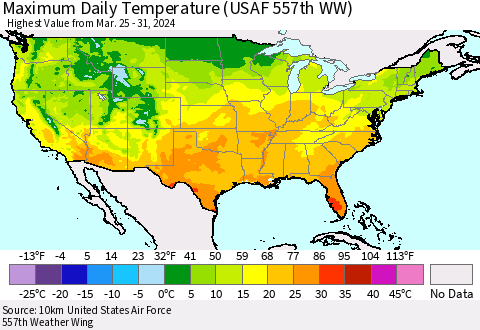 United States Maximum Daily Temperature (USAF 557th WW) Thematic Map For 3/25/2024 - 3/31/2024