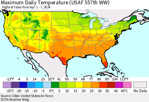 United States Maximum Daily Temperature (USAF 557th WW) Thematic Map For 4/1/2024 - 4/7/2024