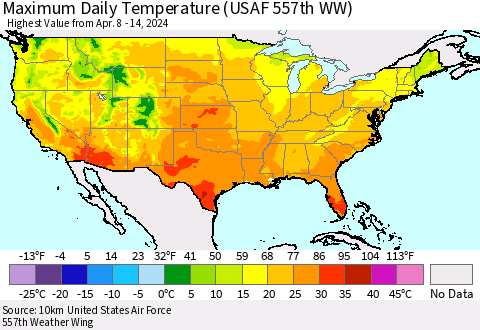 United States Maximum Daily Temperature (USAF 557th WW) Thematic Map For 4/8/2024 - 4/14/2024