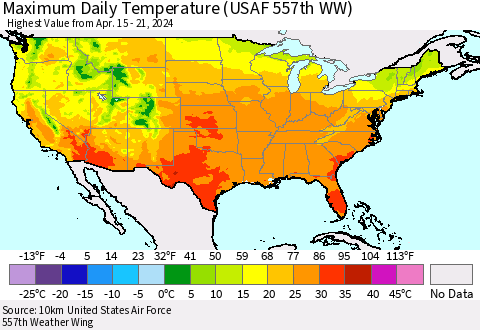 United States Maximum Daily Temperature (USAF 557th WW) Thematic Map For 4/15/2024 - 4/21/2024