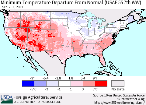United States Mean Minimum Temperature Departure from Normal (USAF 557th WW) Thematic Map For 9/2/2019 - 9/8/2019