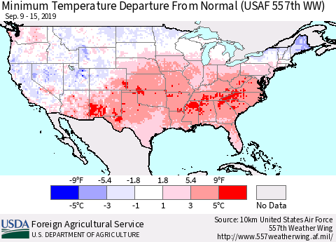 United States Mean Minimum Temperature Departure from Normal (USAF 557th WW) Thematic Map For 9/9/2019 - 9/15/2019
