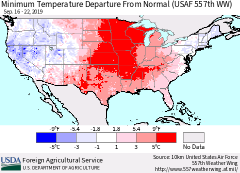 United States Mean Minimum Temperature Departure from Normal (USAF 557th WW) Thematic Map For 9/16/2019 - 9/22/2019