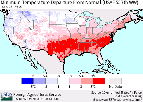 United States Mean Minimum Temperature Departure from Normal (USAF 557th WW) Thematic Map For 9/23/2019 - 9/29/2019
