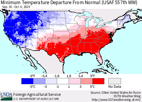 United States Mean Minimum Temperature Departure from Normal (USAF 557th WW) Thematic Map For 9/30/2019 - 10/6/2019