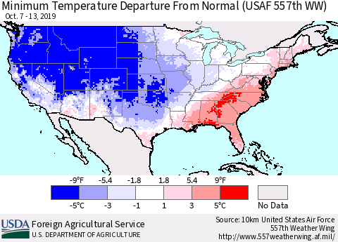 United States Mean Minimum Temperature Departure from Normal (USAF 557th WW) Thematic Map For 10/7/2019 - 10/13/2019