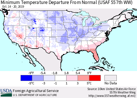 United States Mean Minimum Temperature Departure from Normal (USAF 557th WW) Thematic Map For 10/14/2019 - 10/20/2019