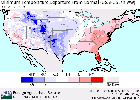 United States Mean Minimum Temperature Departure from Normal (USAF 557th WW) Thematic Map For 10/21/2019 - 10/27/2019
