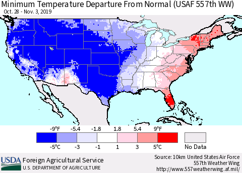 United States Mean Minimum Temperature Departure from Normal (USAF 557th WW) Thematic Map For 10/28/2019 - 11/3/2019