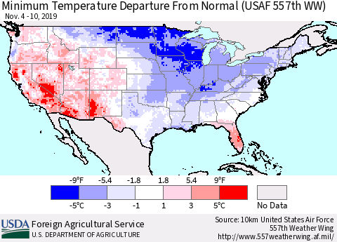 United States Mean Minimum Temperature Departure from Normal (USAF 557th WW) Thematic Map For 11/4/2019 - 11/10/2019