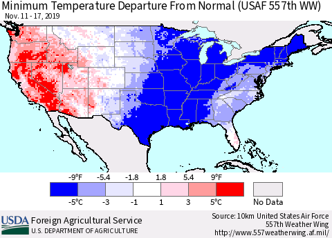 United States Mean Minimum Temperature Departure from Normal (USAF 557th WW) Thematic Map For 11/11/2019 - 11/17/2019
