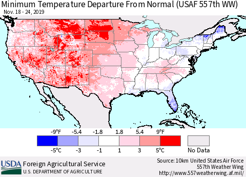 United States Mean Minimum Temperature Departure from Normal (USAF 557th WW) Thematic Map For 11/18/2019 - 11/24/2019