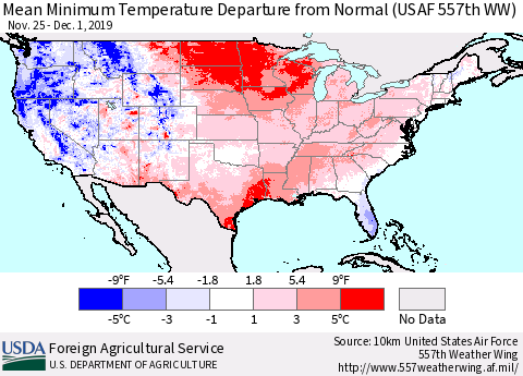 United States Mean Minimum Temperature Departure from Normal (USAF 557th WW) Thematic Map For 11/25/2019 - 12/1/2019