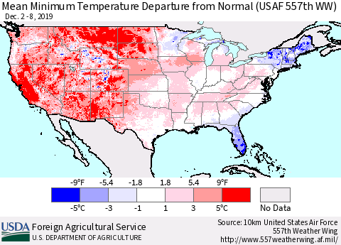 United States Mean Minimum Temperature Departure from Normal (USAF 557th WW) Thematic Map For 12/2/2019 - 12/8/2019