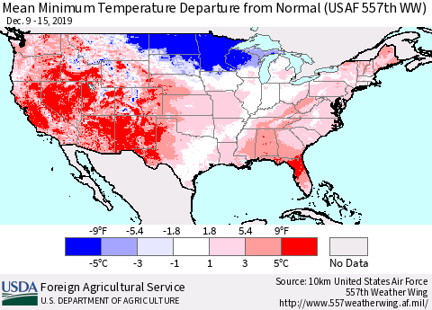 United States Mean Minimum Temperature Departure from Normal (USAF 557th WW) Thematic Map For 12/9/2019 - 12/15/2019