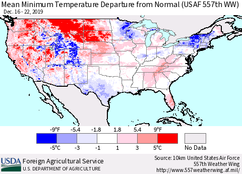 United States Mean Minimum Temperature Departure from Normal (USAF 557th WW) Thematic Map For 12/16/2019 - 12/22/2019