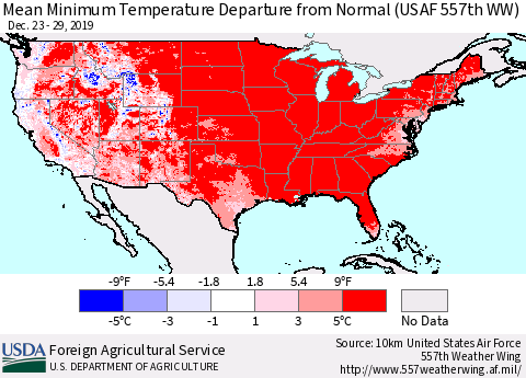 United States Mean Minimum Temperature Departure from Normal (USAF 557th WW) Thematic Map For 12/23/2019 - 12/29/2019