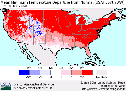 United States Mean Minimum Temperature Departure from Normal (USAF 557th WW) Thematic Map For 12/30/2019 - 1/5/2020