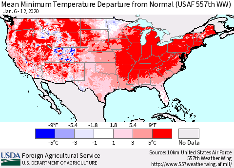 United States Mean Minimum Temperature Departure from Normal (USAF 557th WW) Thematic Map For 1/6/2020 - 1/12/2020