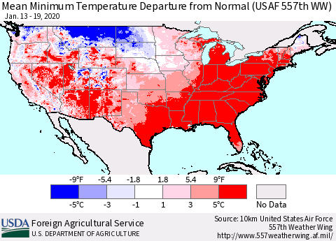 United States Mean Minimum Temperature Departure from Normal (USAF 557th WW) Thematic Map For 1/13/2020 - 1/19/2020