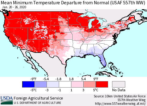 United States Mean Minimum Temperature Departure from Normal (USAF 557th WW) Thematic Map For 1/20/2020 - 1/26/2020
