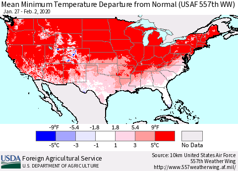 United States Mean Minimum Temperature Departure from Normal (USAF 557th WW) Thematic Map For 1/27/2020 - 2/2/2020
